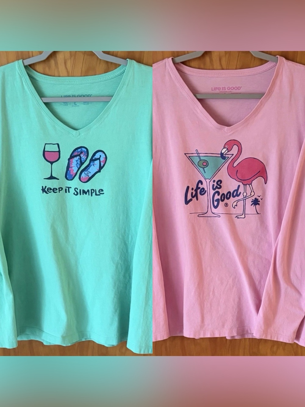 LIFE IS GOOD-Bundle/2 Long Sleeve V-Neck Crusher T Shirts Women’s Sz L New